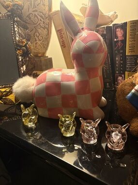 Multiples Pink and White Checkered Ceramic Bunny Figurine😩